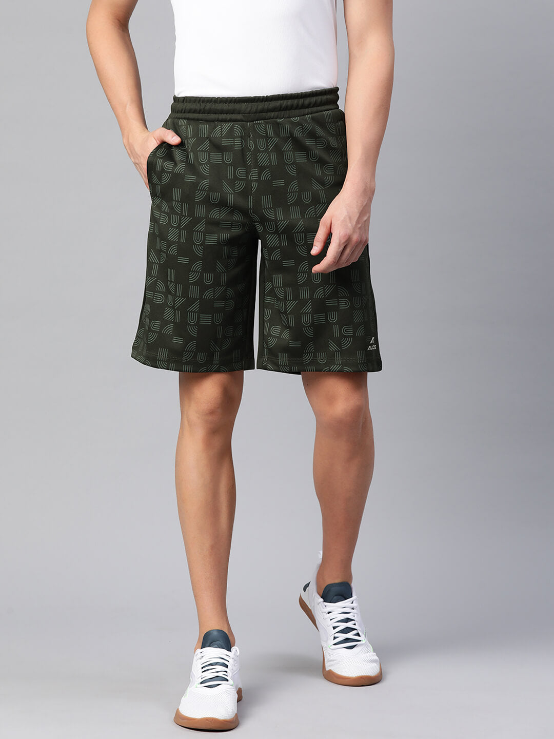 Alcis Men Olive Green Printed Slim Fit Training or Gym Sports Shorts