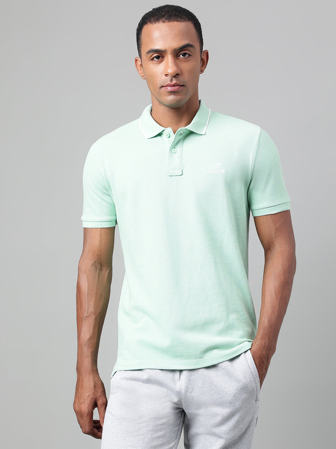 Alcis Men's Sea Green Melange Soft-Touch Regular-Fit Athleisure Polo T-Shirt