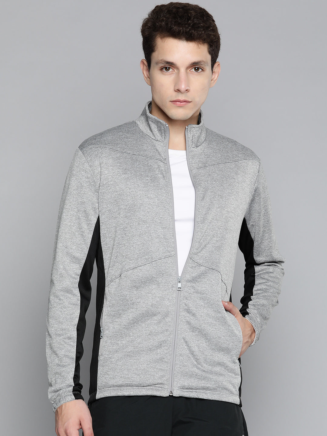 Alcis Men Grey Melange Black Colourblocked Sweatshirt