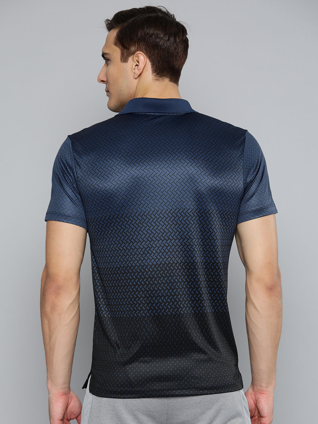 Alcis Men Navy Blue Black Printed Polo Collar Slim Fit Running T-shirt