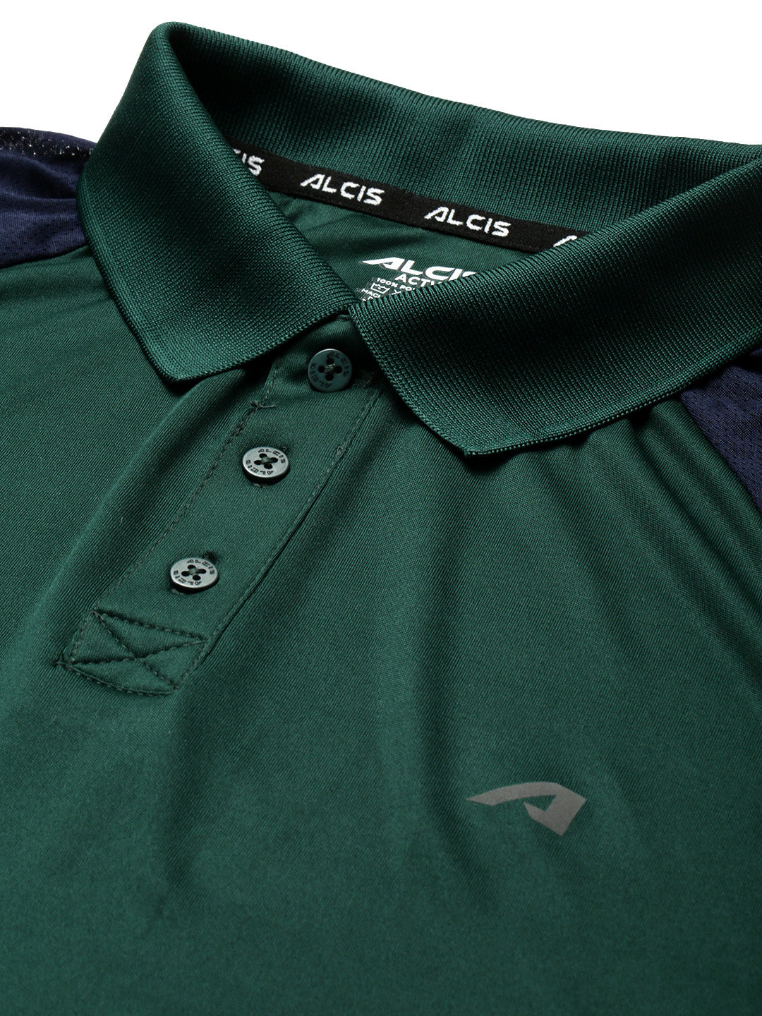 ALCIS Men Green & Navy Blue Colourblocked Polo Collar Slim Fit Running T-shirt