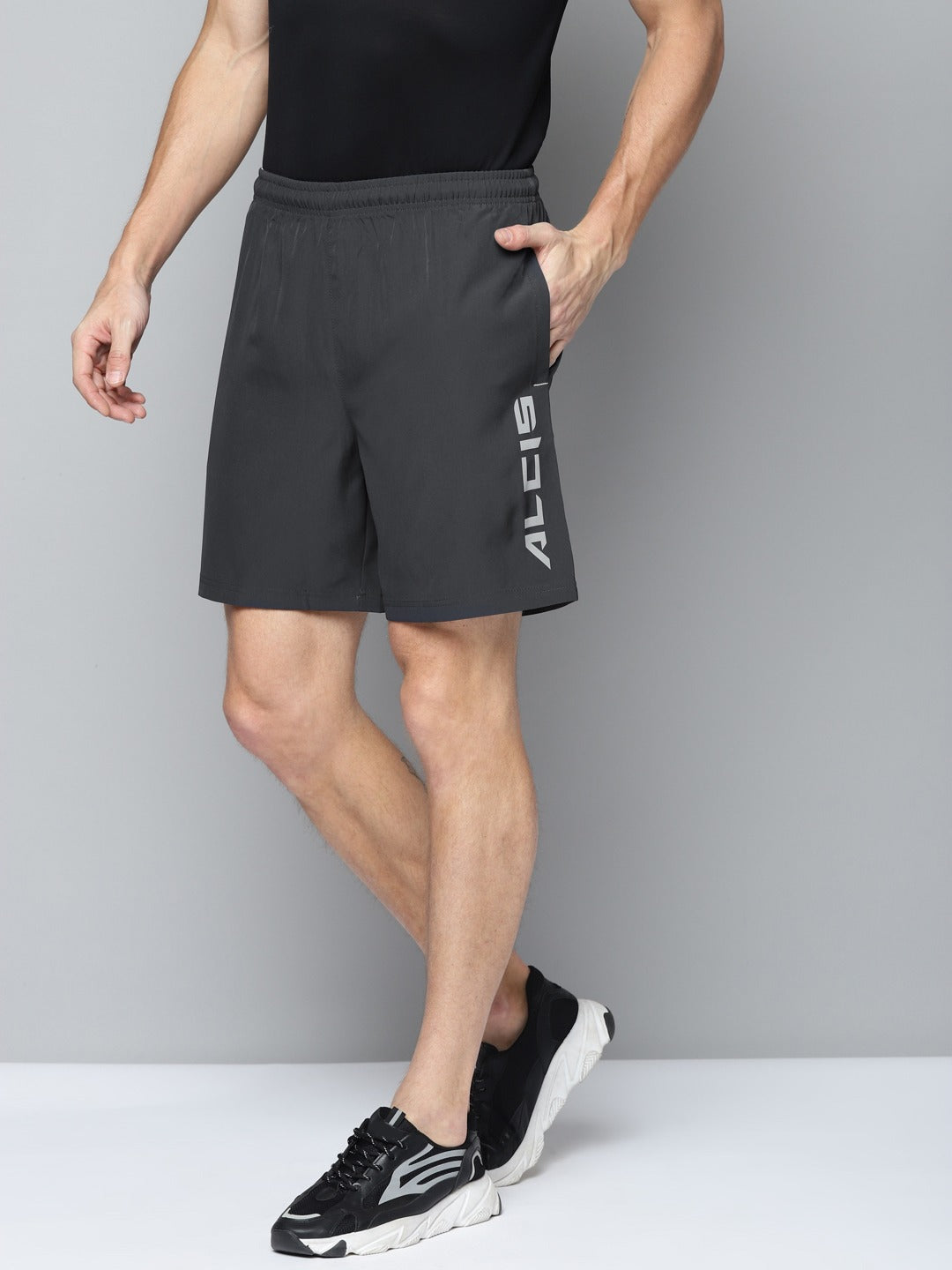 ALCIS Men Charcoal Grey Solid Slim Fit Running Sports Shorts