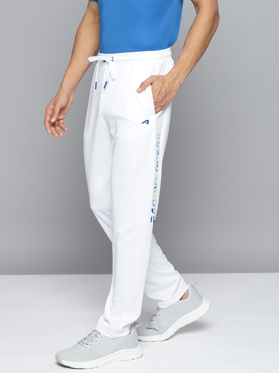Alcis Men White Blue Solid Slim-Fit Training Track Pants with Side Taping Detail