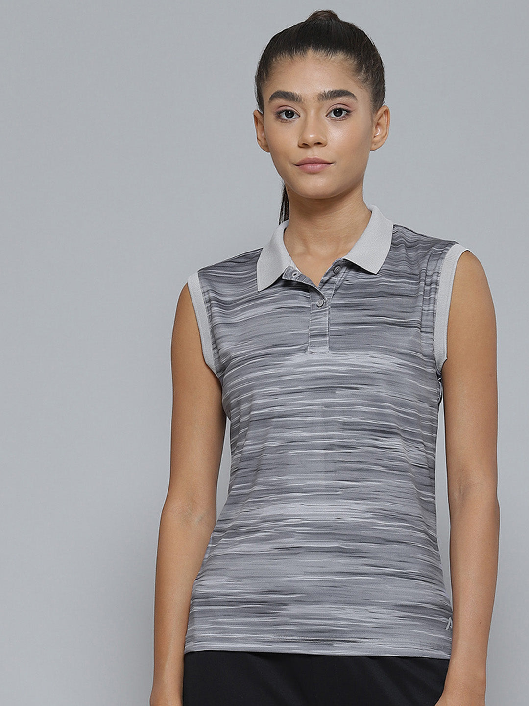 Alcis Women Grey Striped Polo Collar Slim Fit T-shirt