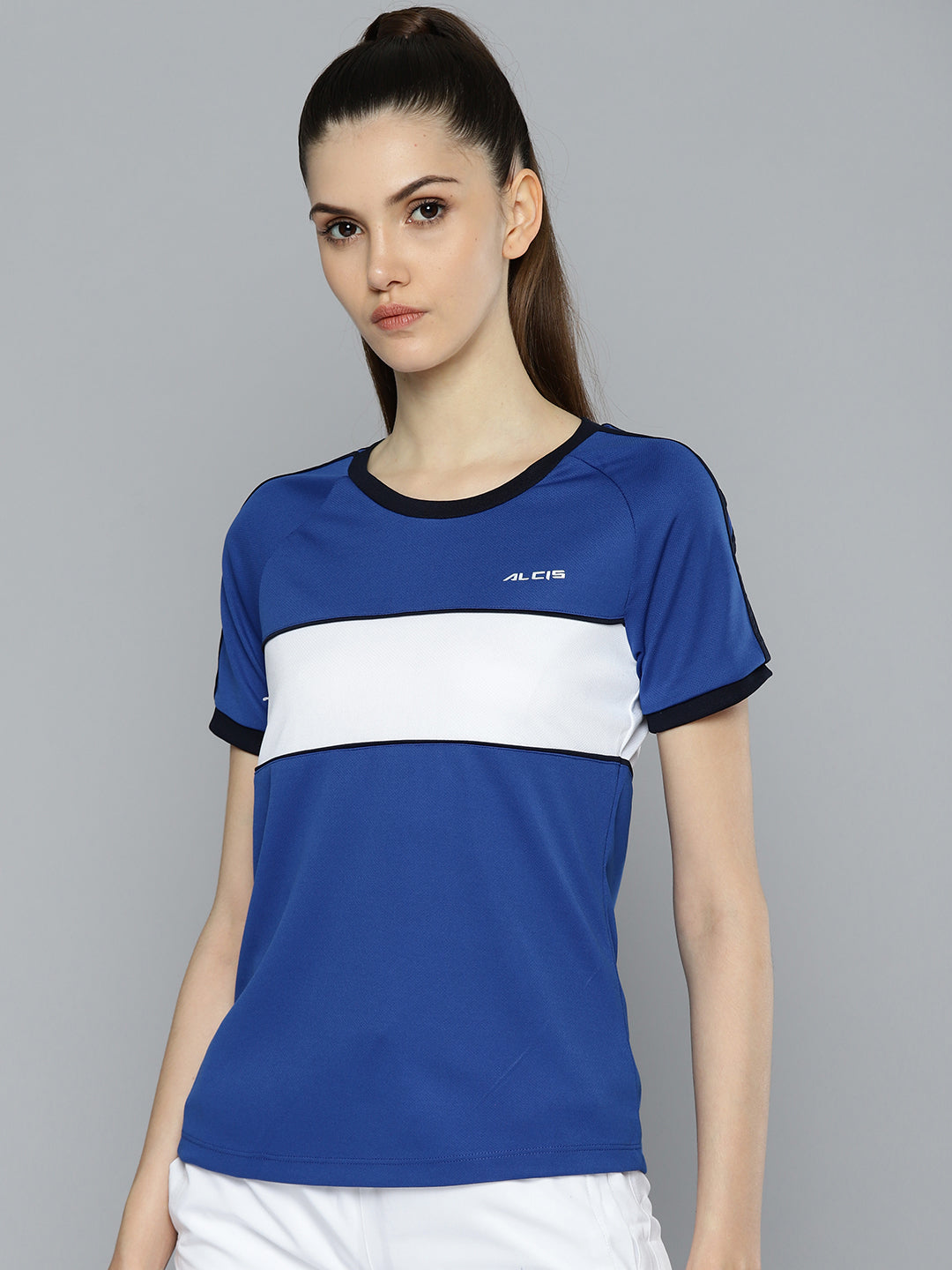 Alcis Women Blue  White Colourblocked Slim Fit T-shirt