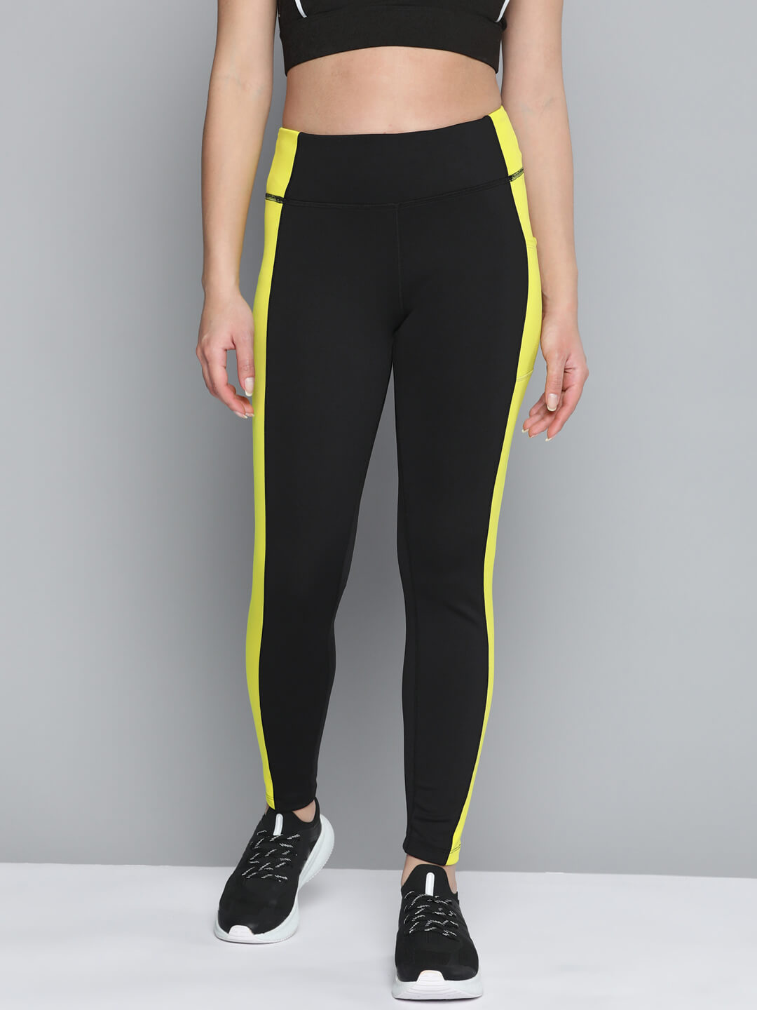 Alcis Women Black Yellow Colorblocked Sports Tights