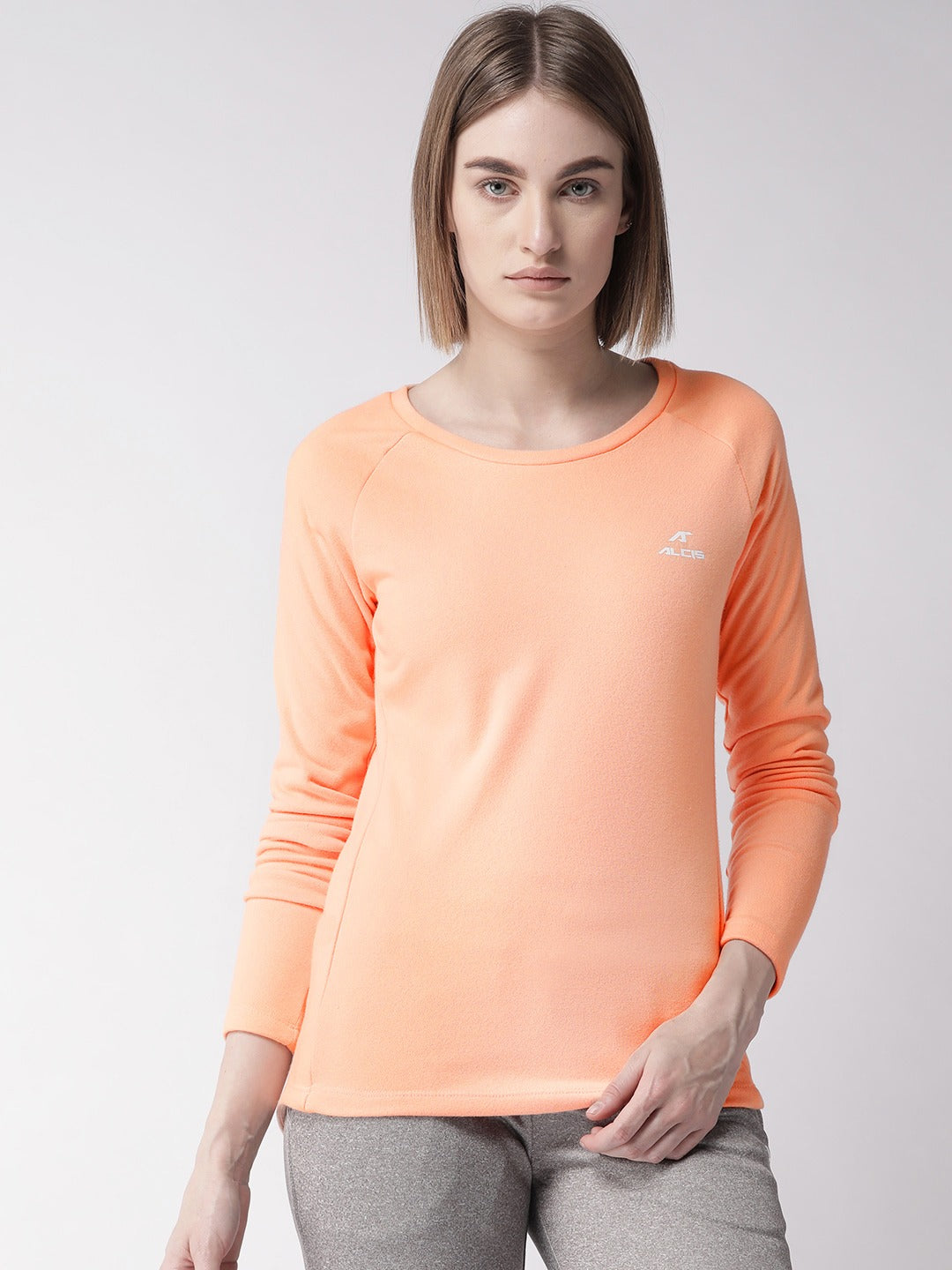 Alcis Women Peach-Coloured Solid Round Neck Sporty T-shirt