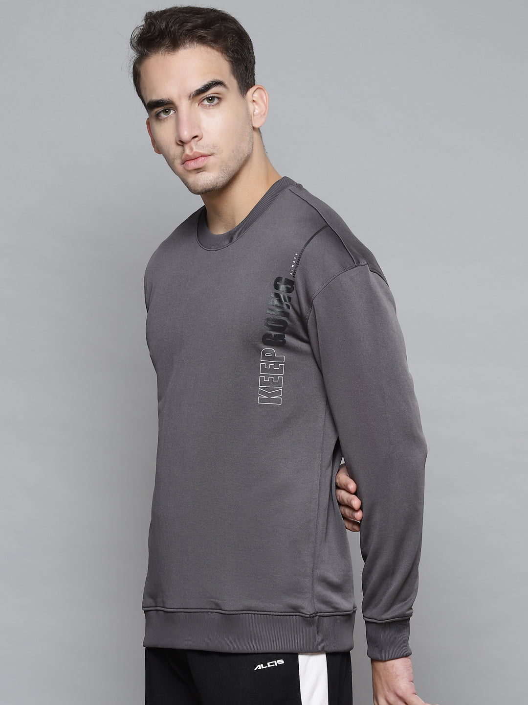 Alcis Men Grey Solid Round Neck Sweatshirt with Print Detail
