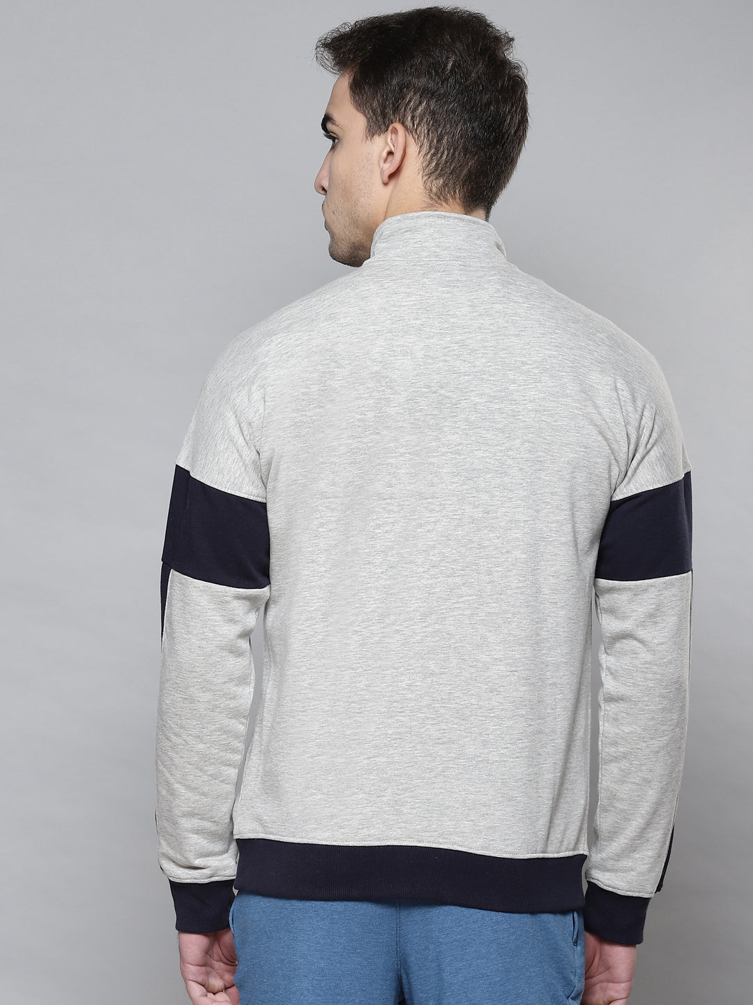 Alcis Men Grey Navy Blue Colourblocked Typography Cotton Sporty Jacket