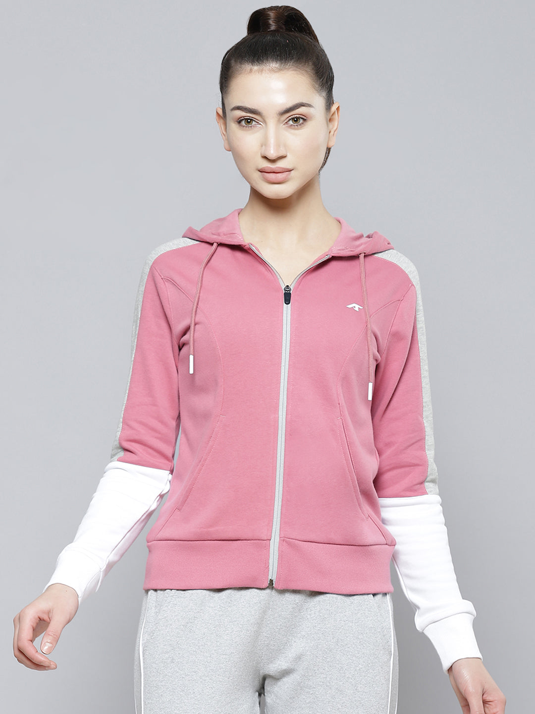 Alcis Women Pink White Solid Cotton Hooded Regular Outdoor Sporty Jacket