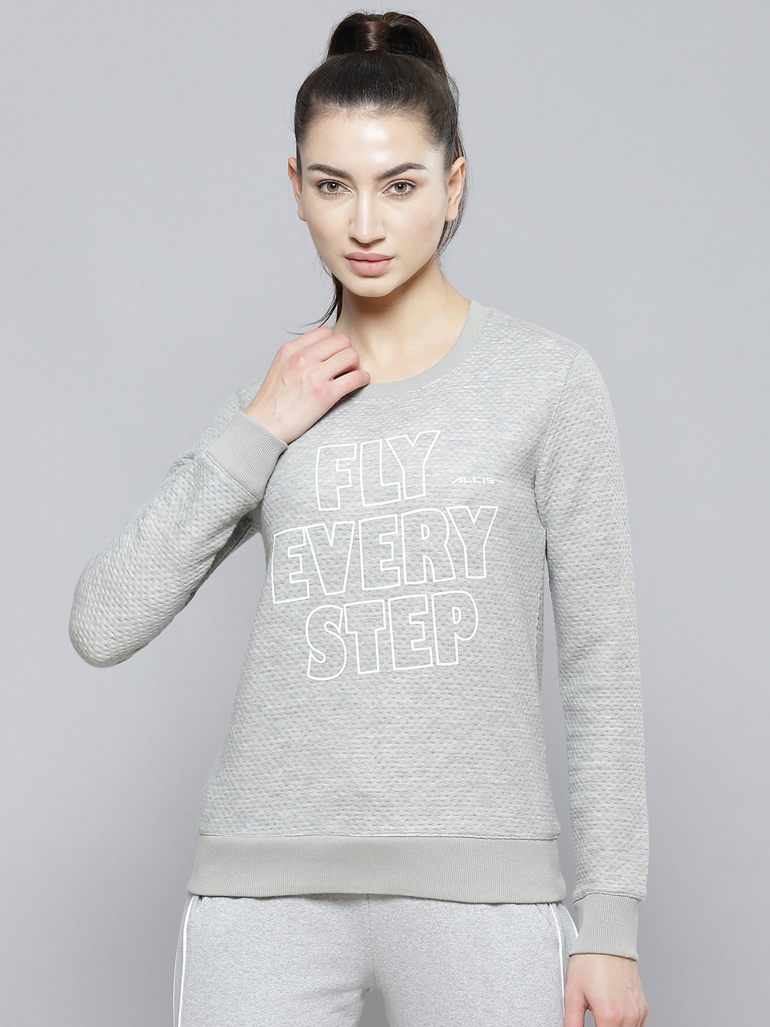 Alcis Women Grey Melange Typography Printed Textured Applique Sweatshirt