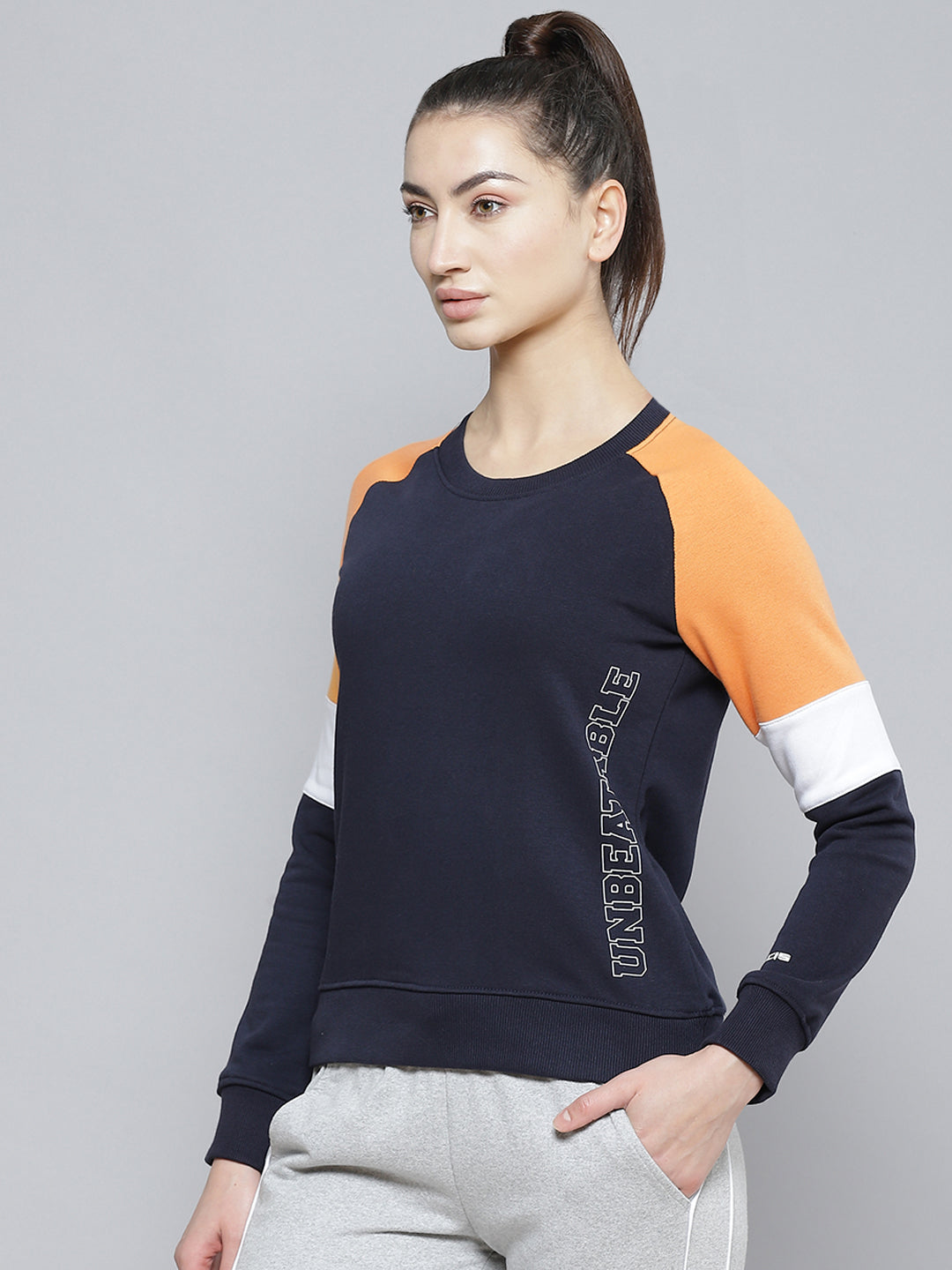 Alcis Women Navy Blue Orange Colourblocked Cotton Sweatshirt with Side Applique Prints