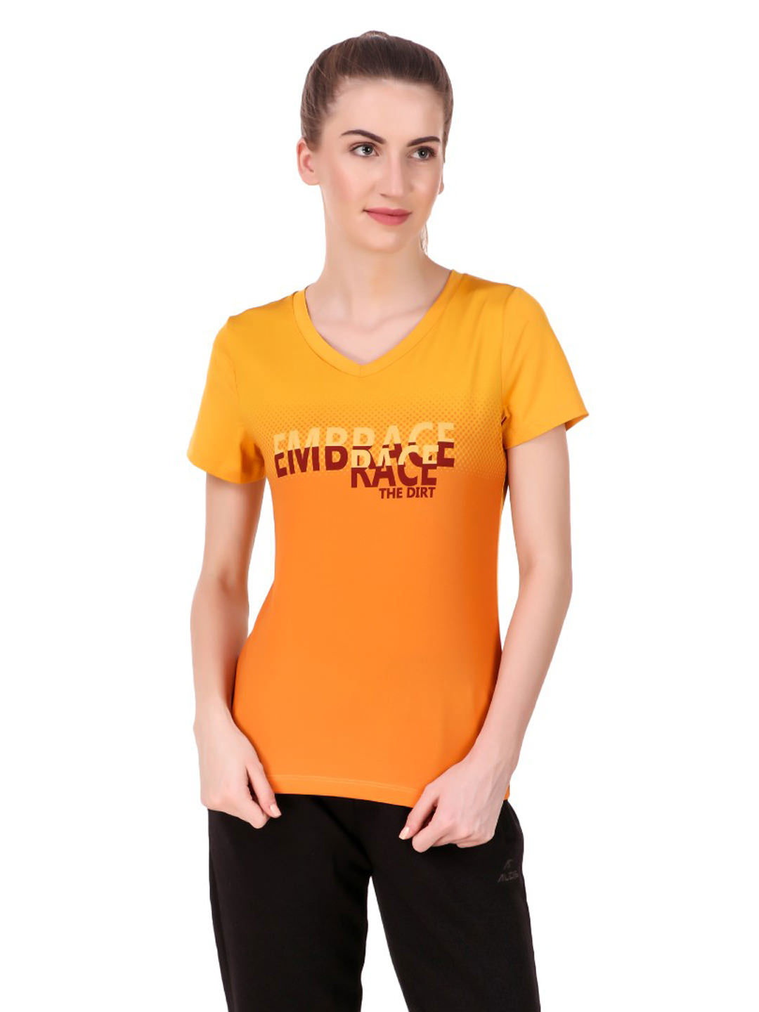 Alcis Women Mustard Yellow Printed V-Neck Running T-shirt