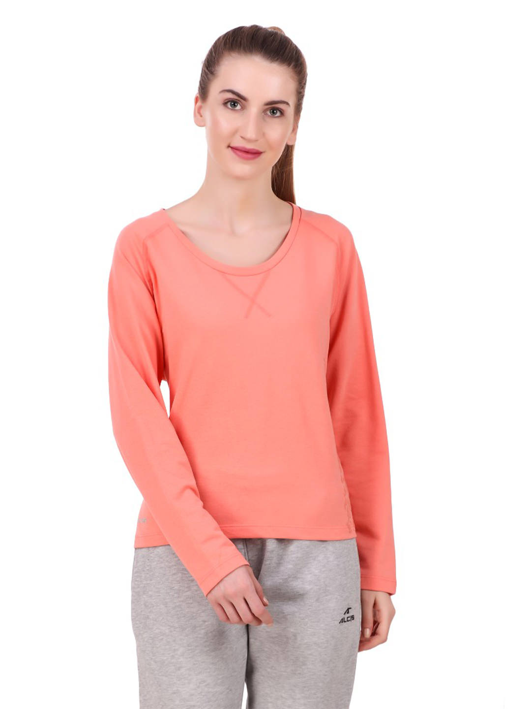 Alcis Women Coral Pink Printed Detail Round Neck T-shirt