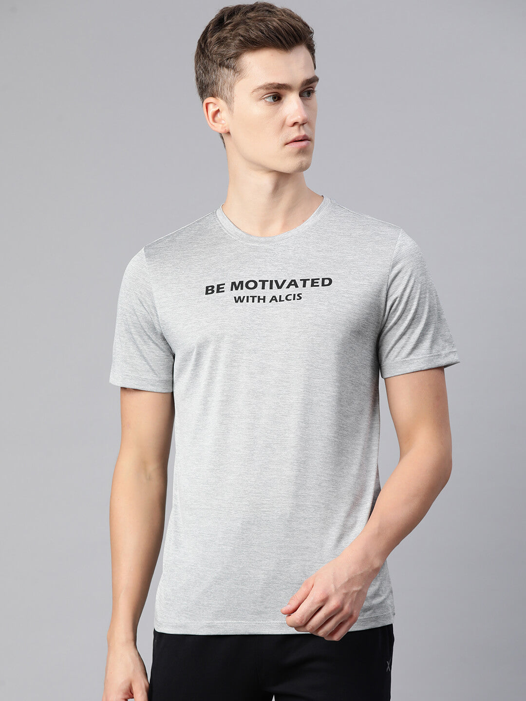 Alcis Men Grey Typography Printed Dry Tech Slim Fit T-shirt