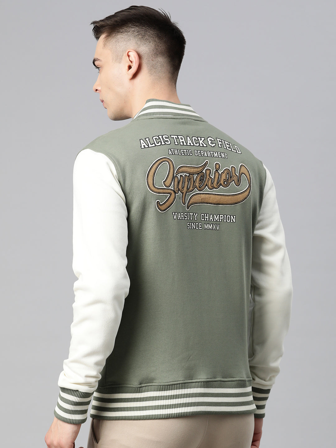 Alcis Men Green Typography Printed Varsity Jacket
