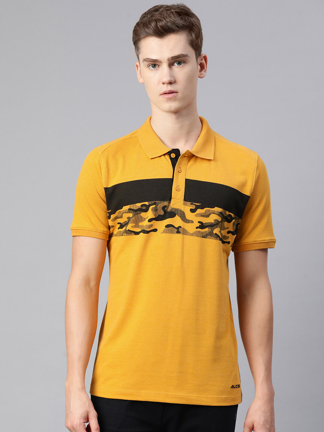 Alcis Men Yellow Abstract Printed Polo Collar T-shirt