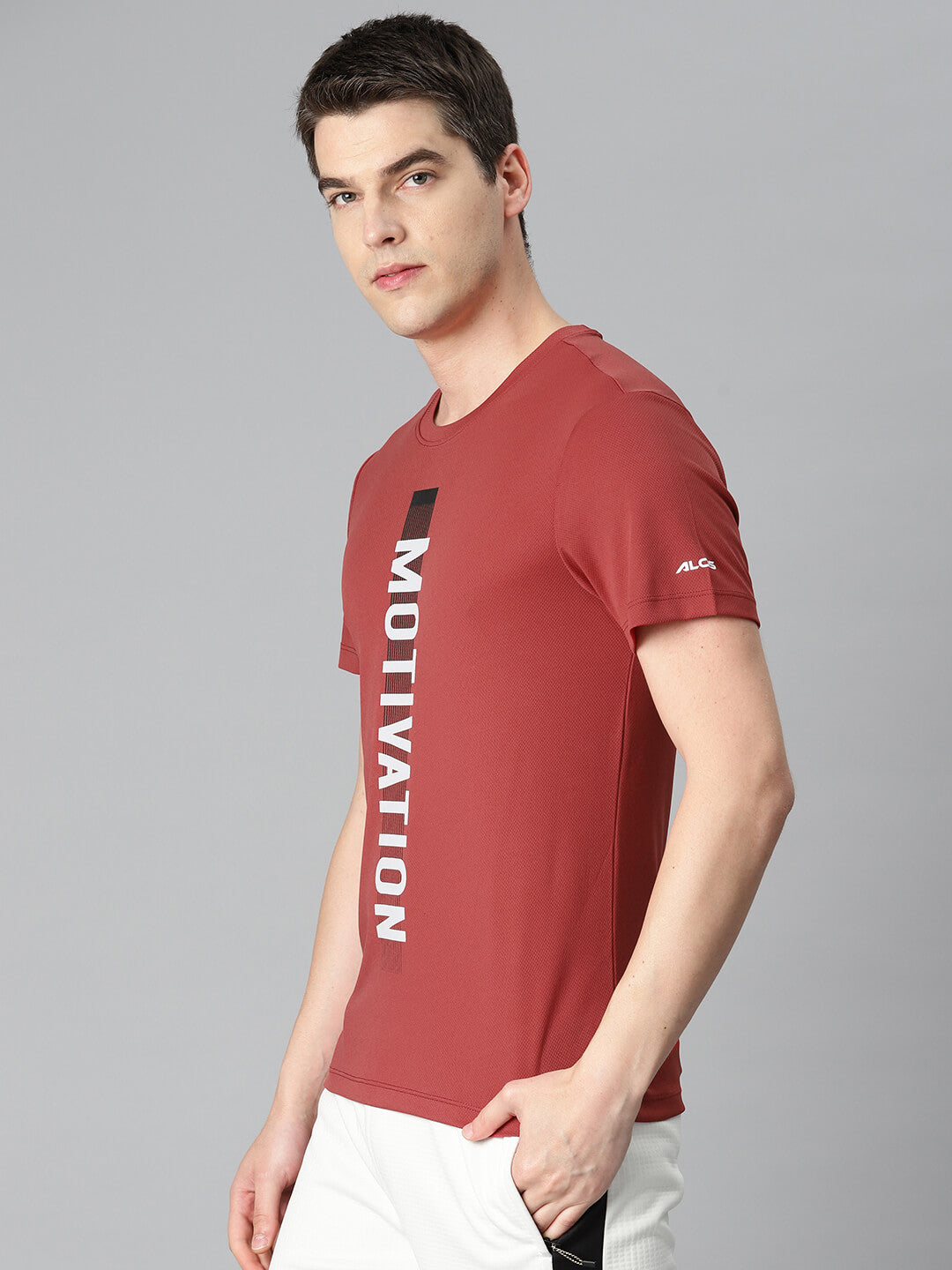 Alcis Men Red Typography Printed Anti Static Slim Fit Sports T-shirt