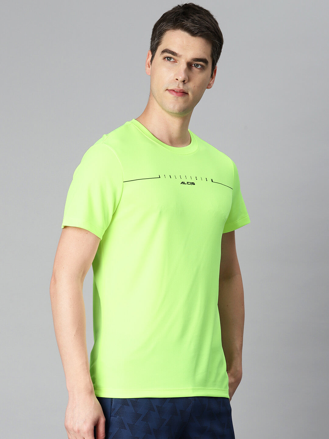 Alcis Men Fluorescent Green Typography Printed Anti Static Slim Fit Sports T-shirt