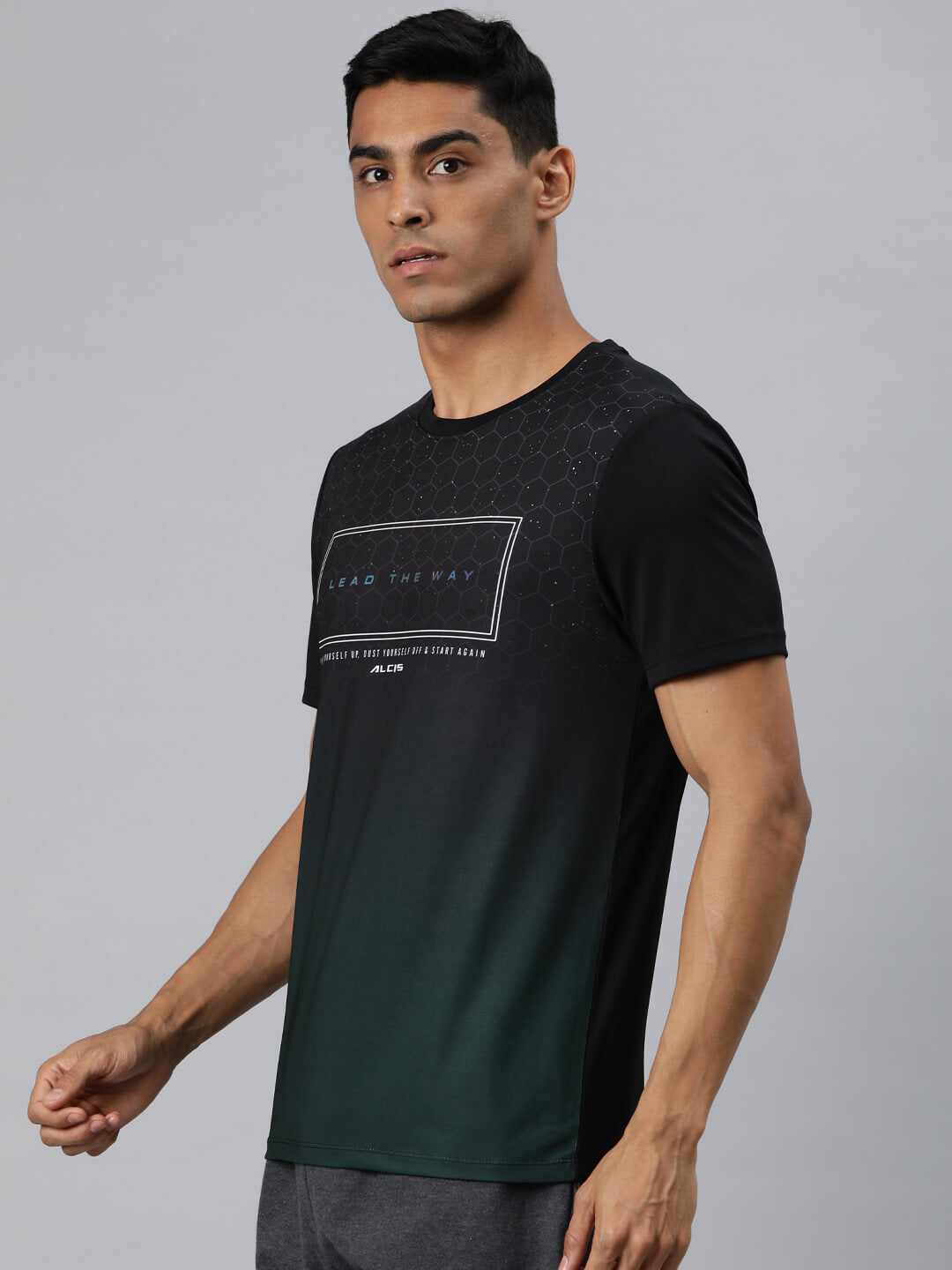 Alcis Men Green Typography Printed Anti Static Slim Fit T-shirt