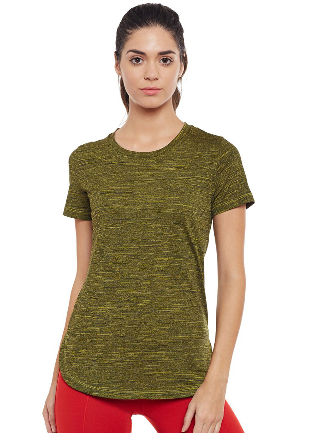 Alcis Women Olive Green Self-Design Slim Fit Round Neck T-shirt 129WTP183-S