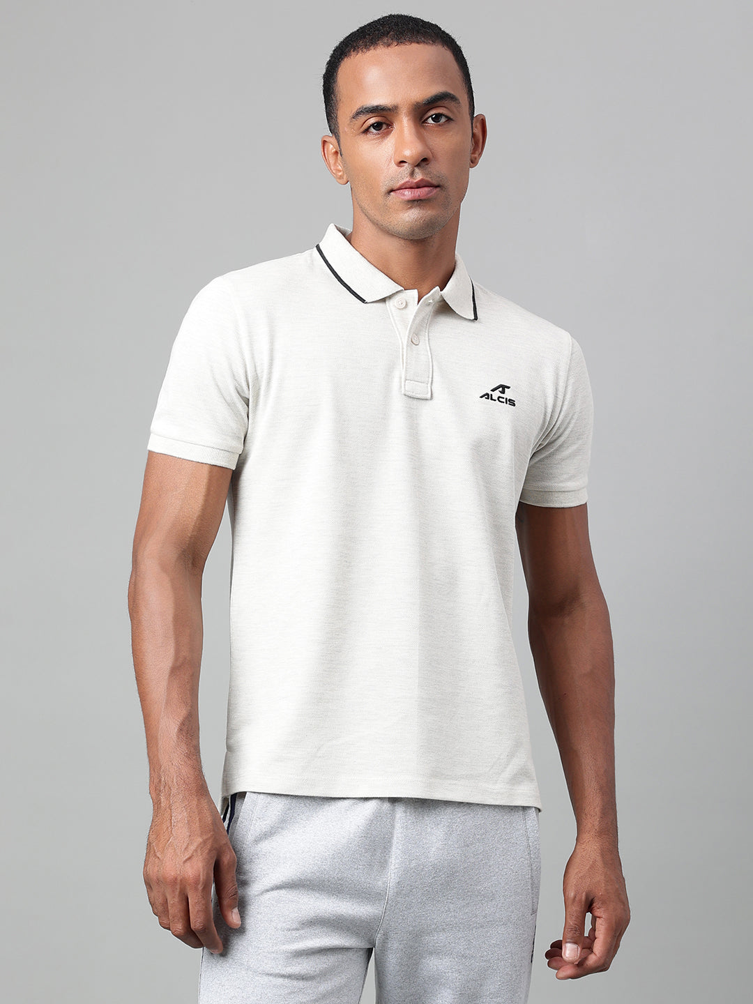 Alcis Men's Off White Melange Soft-Touch Regular-Fit Athleisure Polo T-Shirt