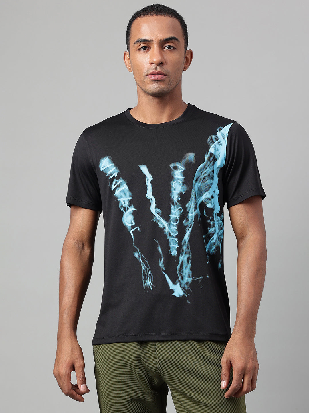 Alcis Men's Printed Black Anti-Static Drytech+ Slim-Fit Training T-Shirt