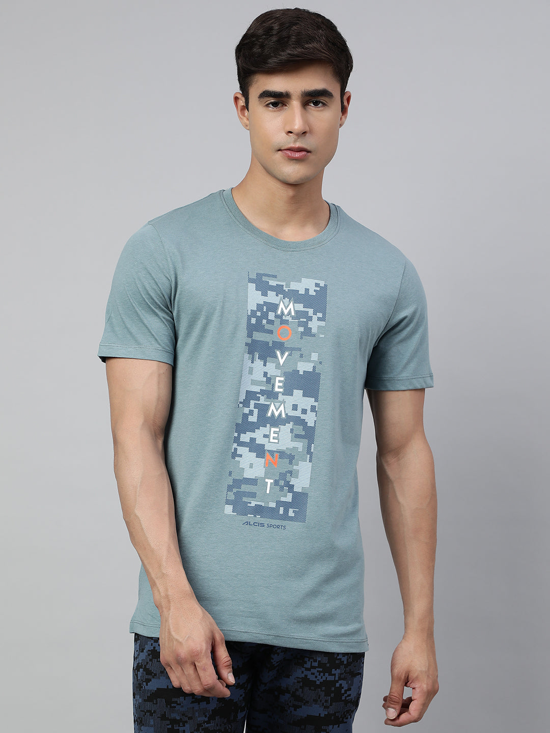 Alcis Men's Smoke Blue Soft-Touch Regular-Fit Athleisure T-Shirt