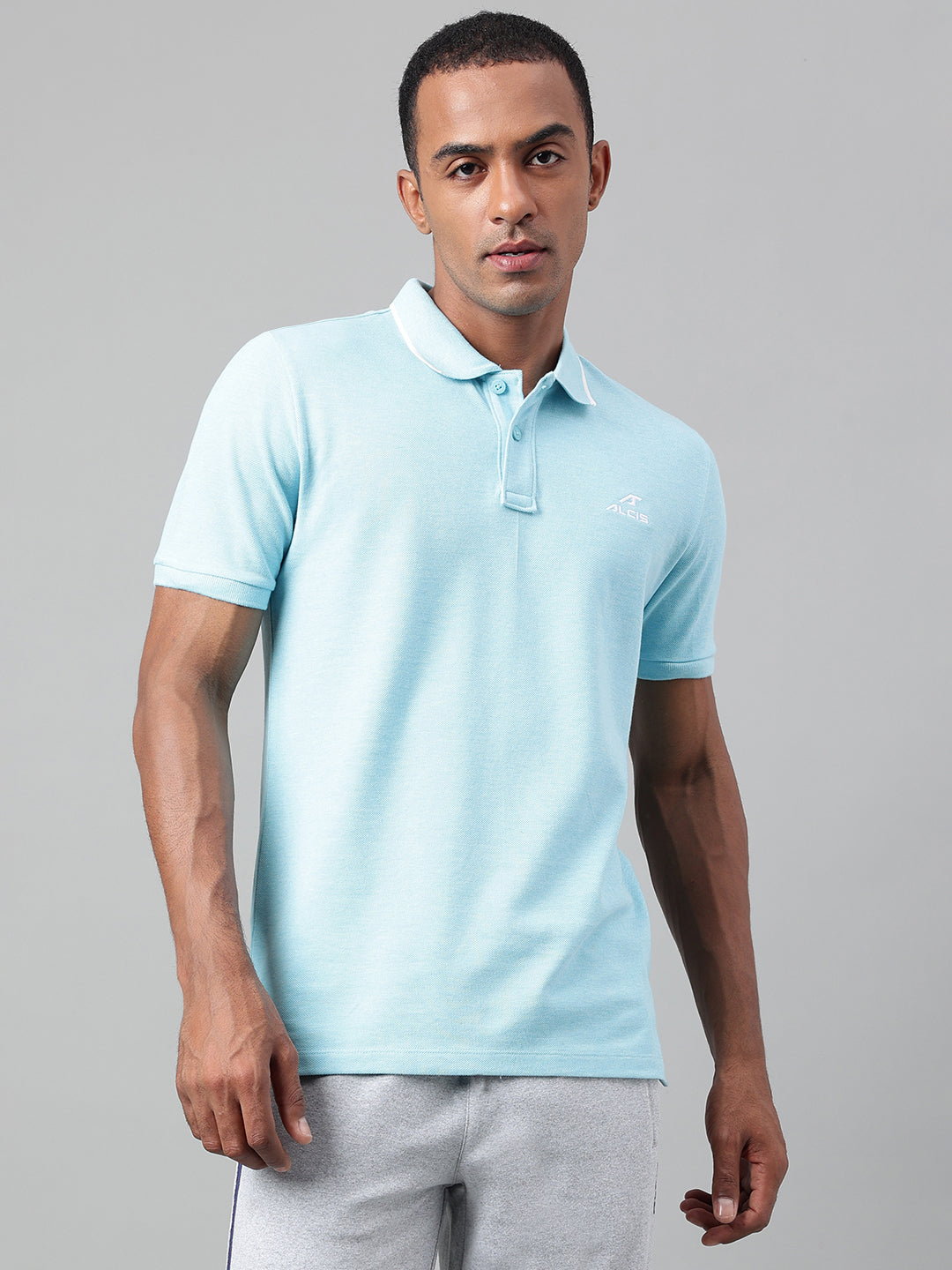Alcis Men's Sky Blue Melange Soft-Touch Regular-Fit Athleisure Polo T-Shirt