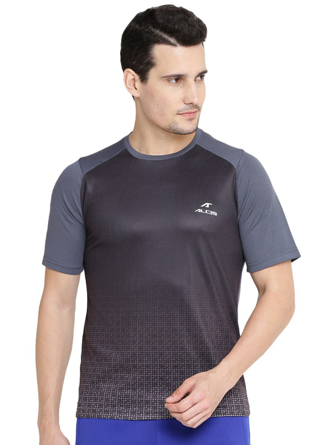 Alcis Men Black Grey Printed Round Neck Running T-shirt 202MTE006-S