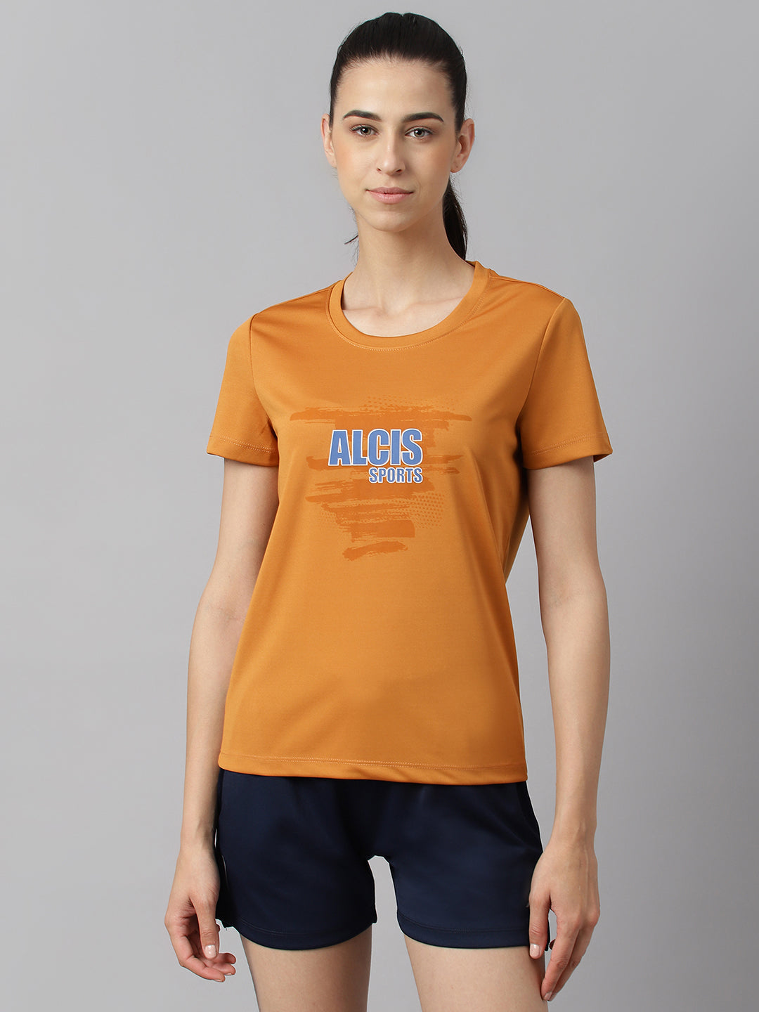 Alcis Women Printed Pumpkin Spice Anti-Static Slim-Fit Round Neck Training T-Shirt