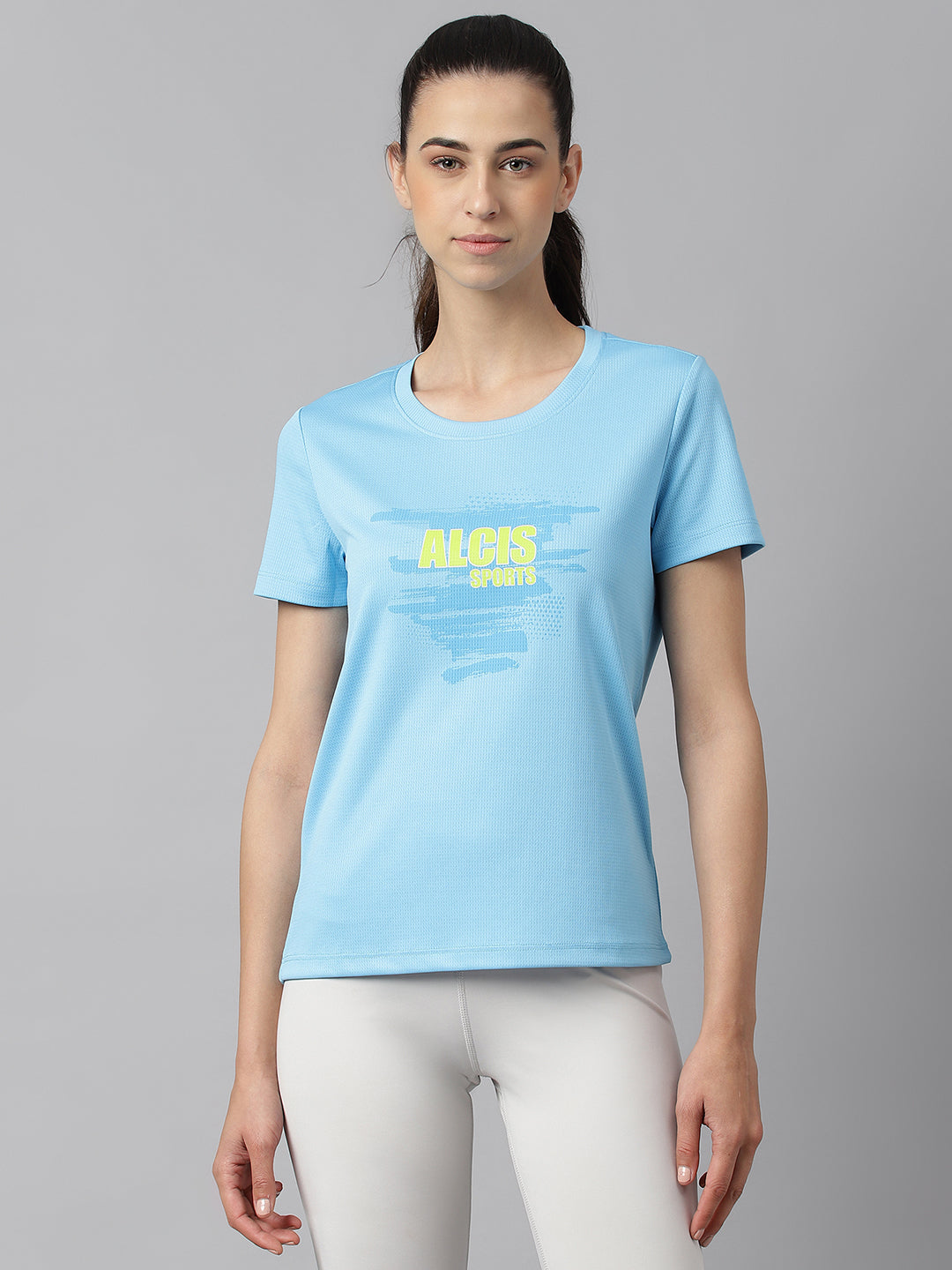 Alcis Women Printed Blue Anti-Static Slim-Fit Round Neck Training T-Shirt