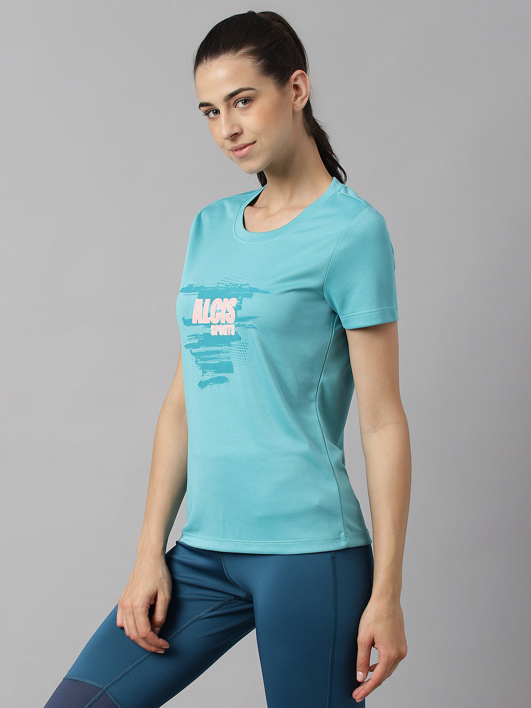Alcis Women Printed Sea Green Anti-Static Slim-Fit Round Neck Training T-Shirt