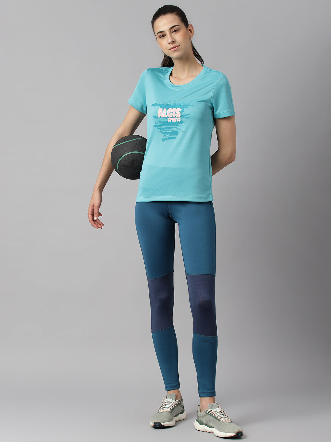 Alcis Women Printed Sea Green Anti-Static Slim-Fit Round Neck Training T-Shirt