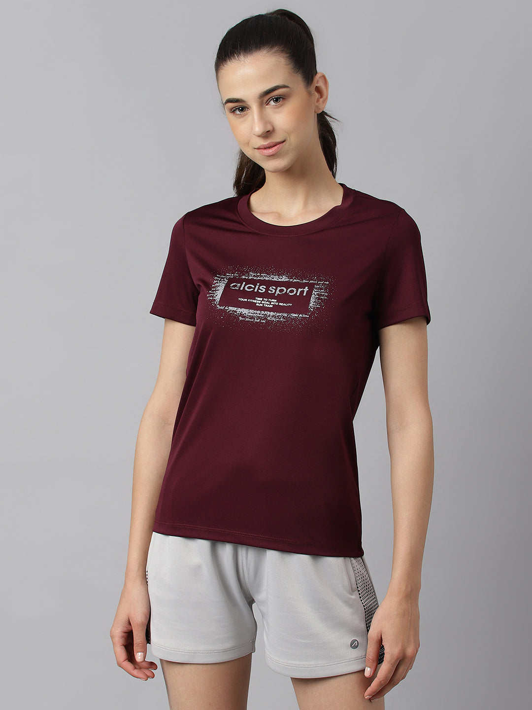 Alcis Women Printed Maroon Anti-Static Slim-Fit Round Neck Training T-Shirt