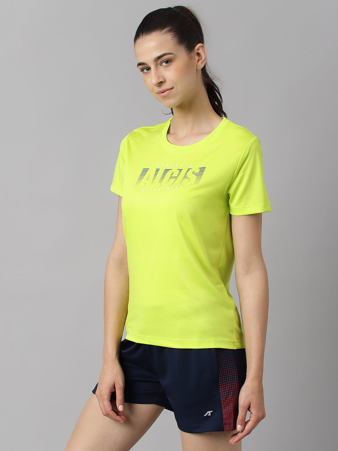 Alcis Women Printed Neon Green Anti-Static Slim-Fit Round Neck Training T-Shirt