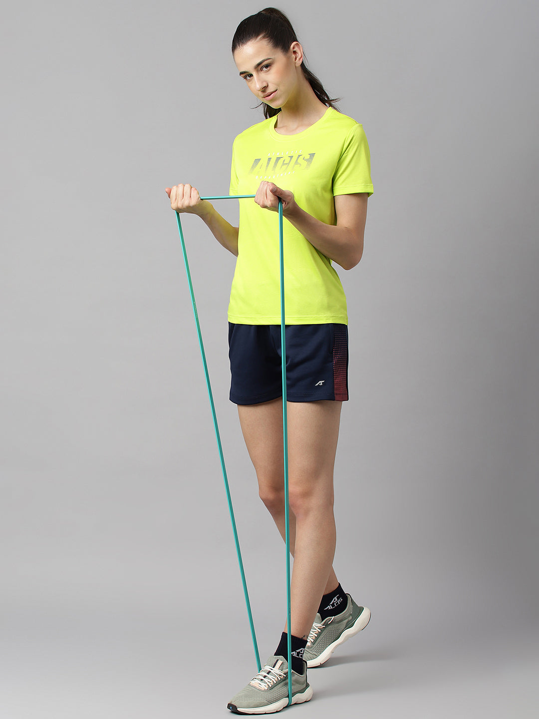 Alcis Women Printed Neon Green Anti-Static Slim-Fit Round Neck Training T-Shirt