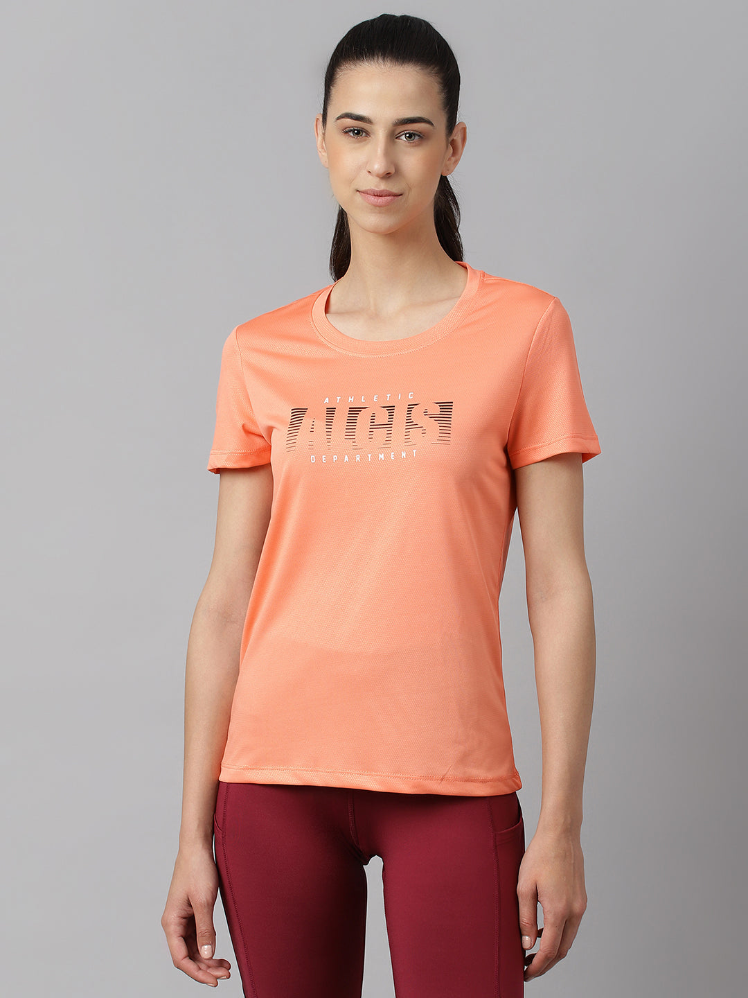Alcis Women Printed Salmon Anti-Static Slim-Fit Round Neck Training T-Shirt