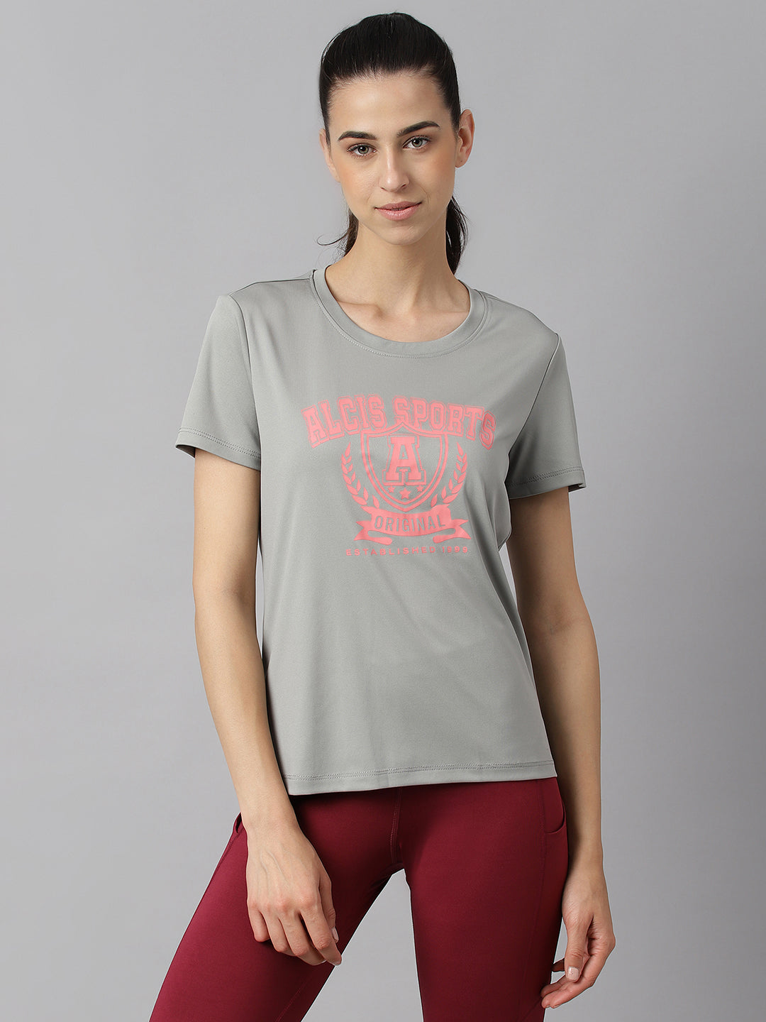Alcis Women Printed Steel Grey Anti-Static Slim-Fit Round Neck Training T-Shirt