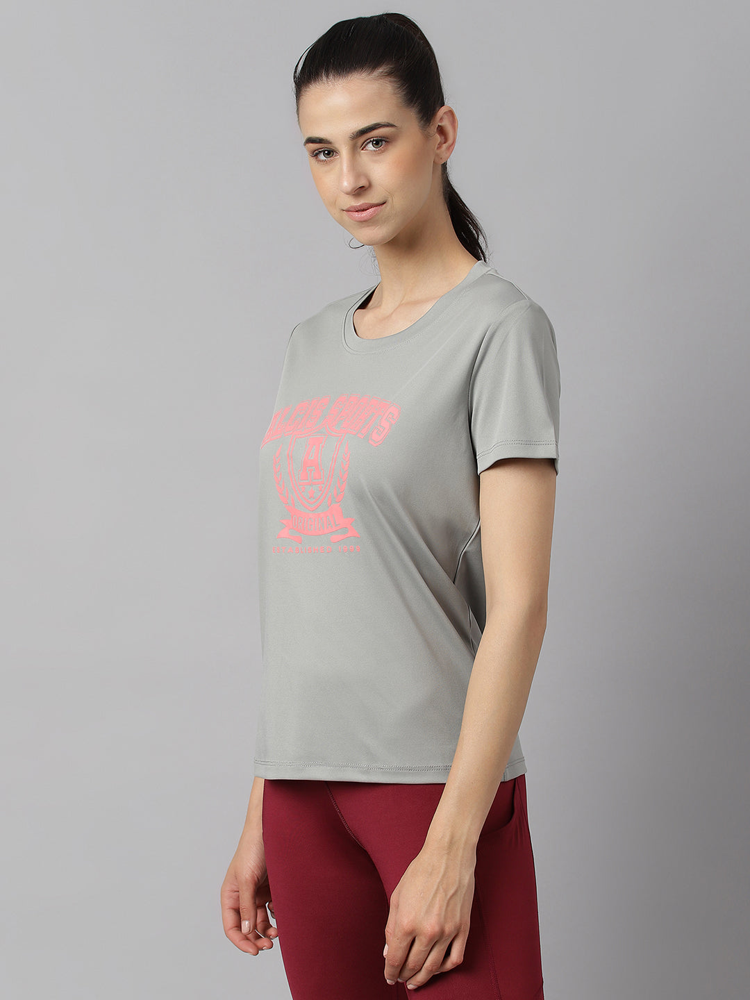 Alcis Women Printed Steel Grey Anti-Static Slim-Fit Round Neck Training T-Shirt