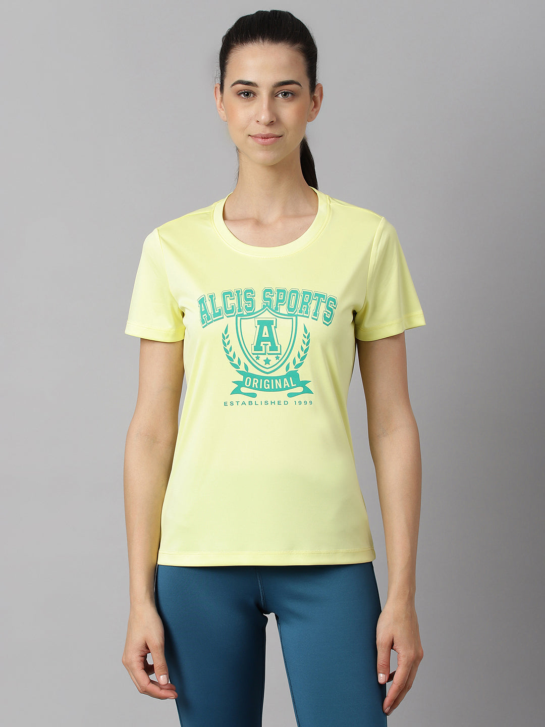 Alcis Women Printed Yellow Anti-Static Slim-Fit Round Neck Training T-Shirt