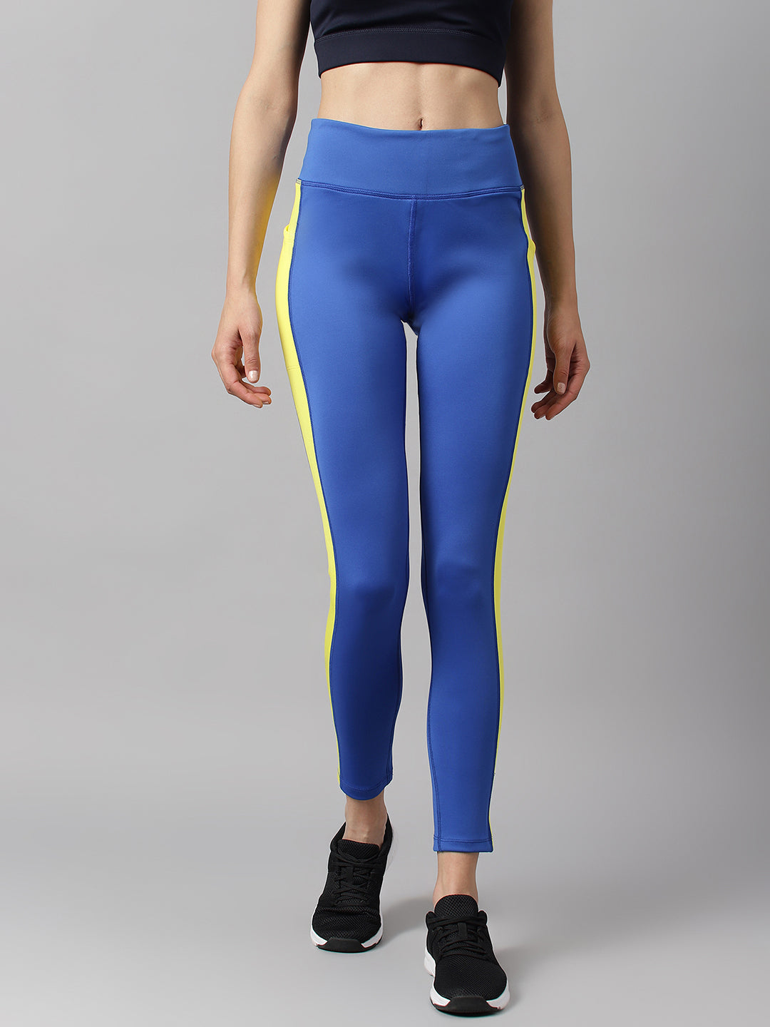 Alcis Women Printed Cobalt Blue Colour Blocked Anti-Static Slim-Fit Full-Length Sports Tights