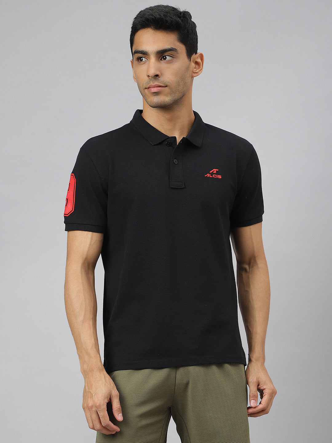 Alcis Men Black Soft-Touch Regular-Fit Varsity Athleisure Polo T-Shirt