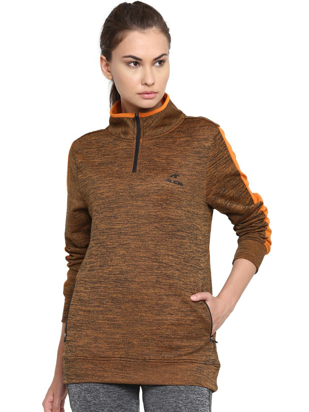 Alcis Women Brown & Orange Self Design Sweatshirt 236WSS075 236WSS075-S