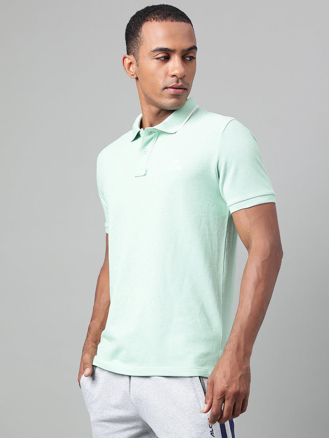 Alcis Men's Sea Green Melange Soft-Touch Regular-Fit Athleisure Polo T-Shirt