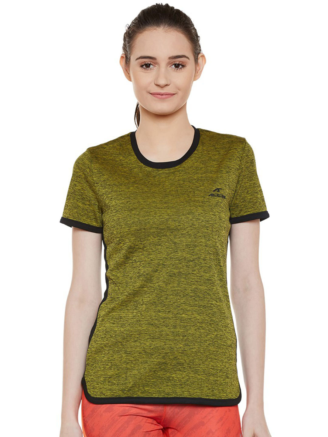 Alcis Women Olive Green Self Design Slim Fit Round Neck T-shirt 402WTP217-S