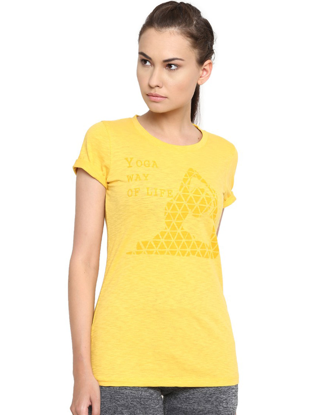 Alcis Women Yellow Printed Slim Fit Round Neck T-shirt 411WTP394-S
