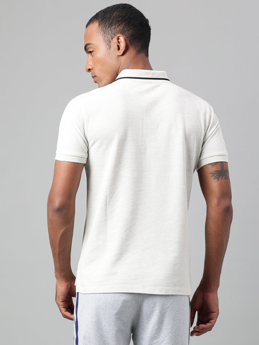 Alcis Men's Off White Melange Soft-Touch Regular-Fit Athleisure Polo T-Shirt