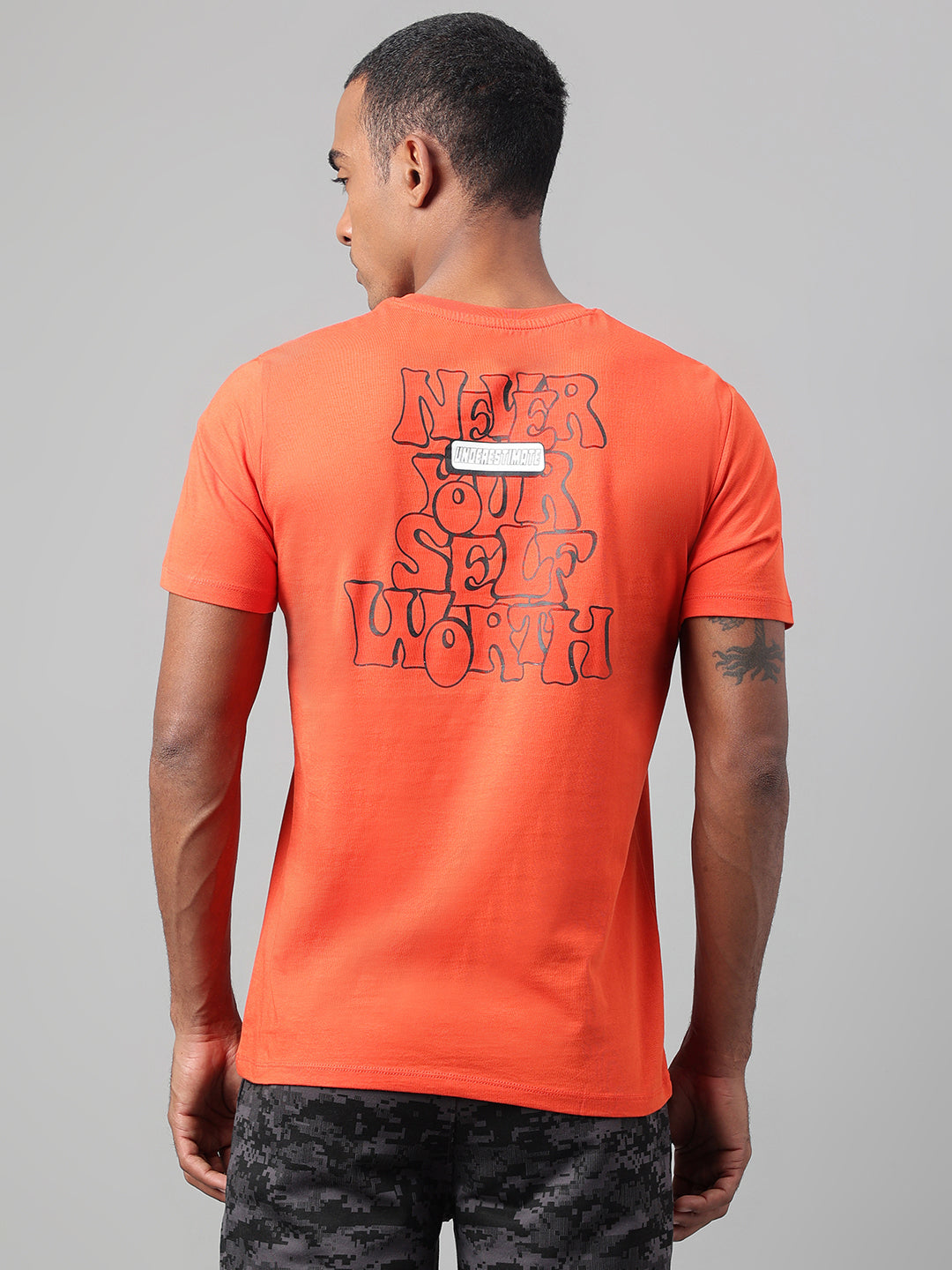 Alcis Men's Printed Orange Soft-Touch Regular-Fit Athleisure T-Shirt
