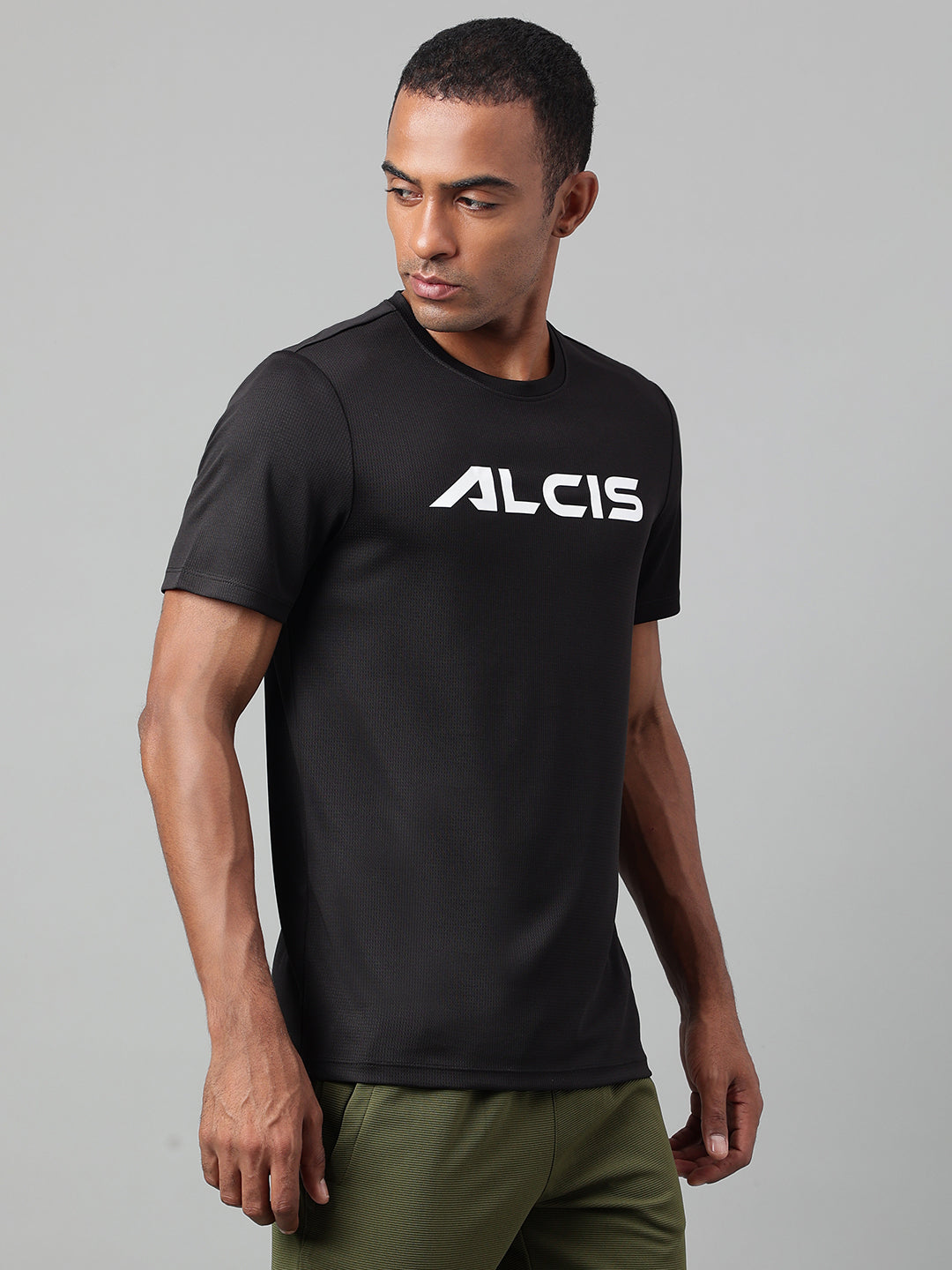 Alcis Men's Printed Black Anti-Static Drytech+ Slim-Fit Training Tee